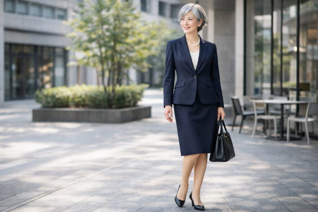 レディース50代の紺スカートスーツ
