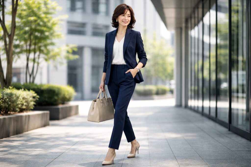 レディース50代の紺パンツスーツ