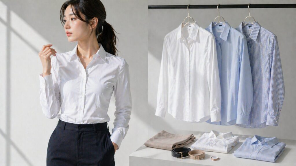 白いレディースシャツを着た女性モデルと複数のシャツを並べた選び方のイメージ