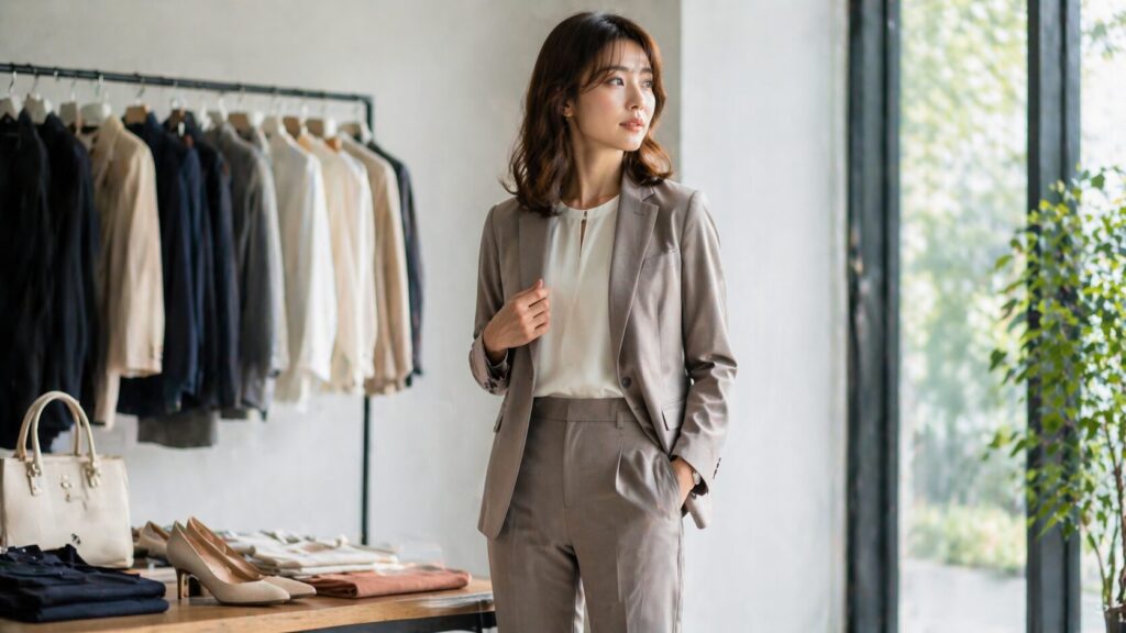 ベージュ系のレディースセットアップを着た女性モデルが自然光の店内で立つ様子