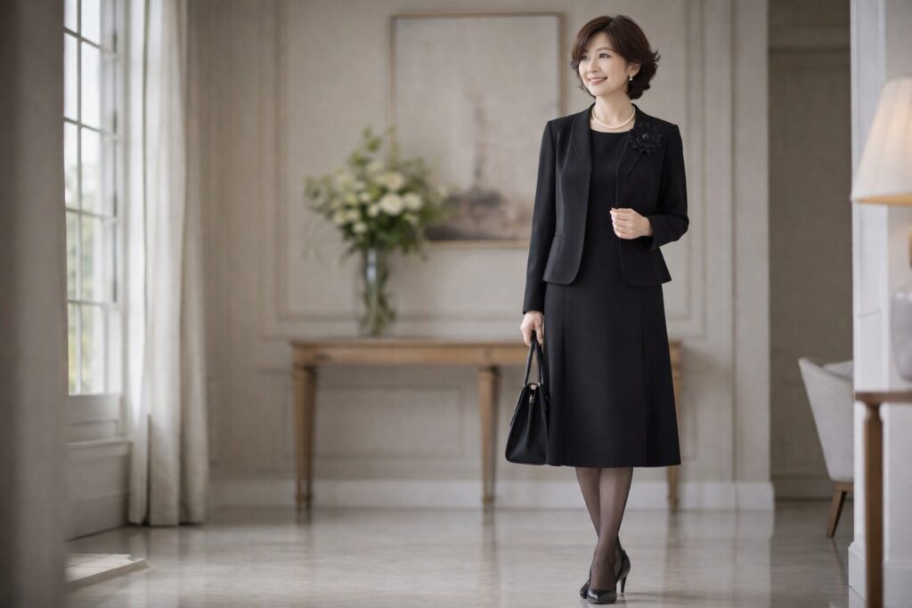 黒ワンピースを上品に着こなす50代女性のフォーマルコーデ例
