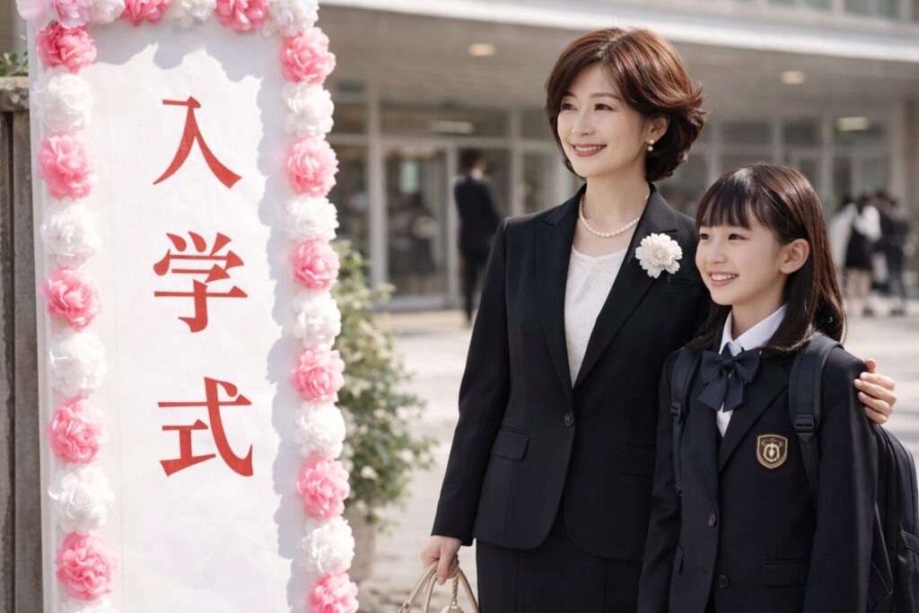 入学式で黒スーツを着た母親と子どものセレモニーコーデ例