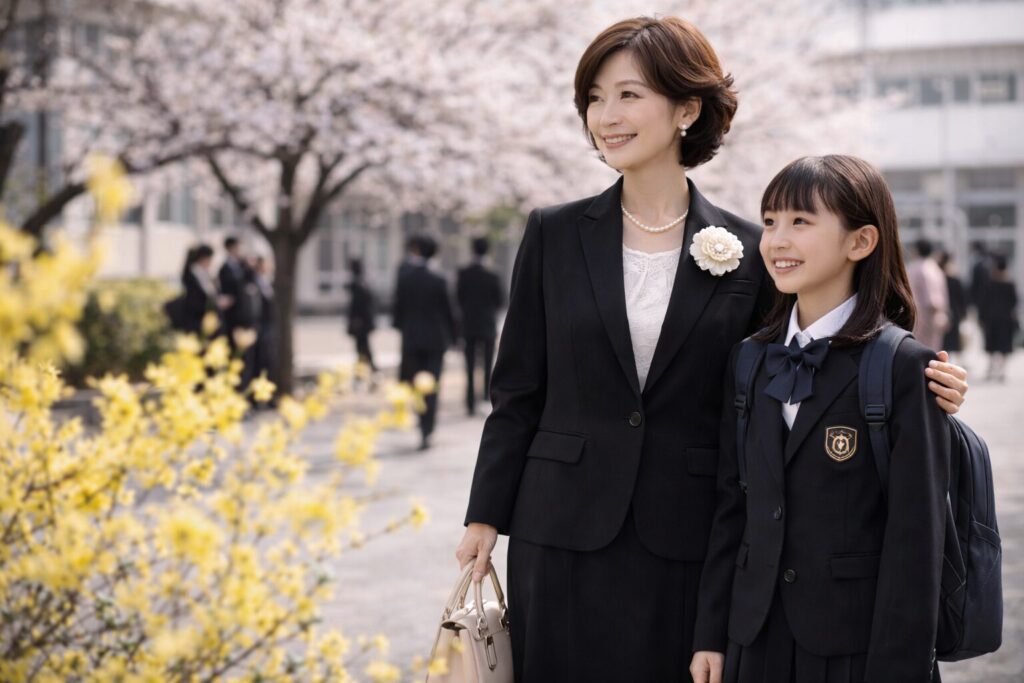 卒業式で黒スーツを上品に着こなす50代母親のコーデ例