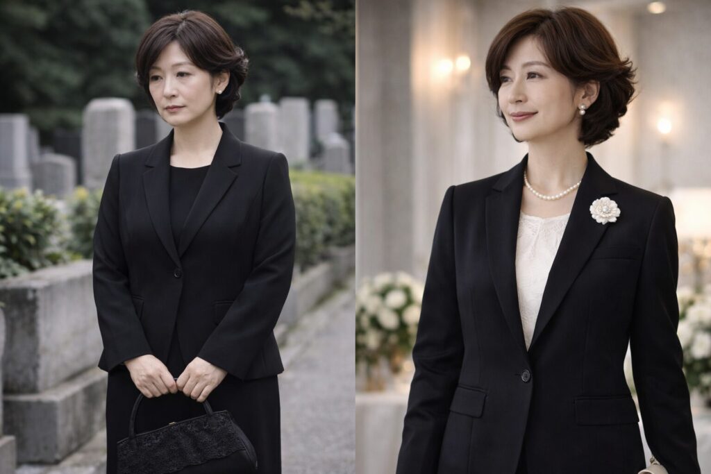 喪服と礼服の印象差を比較できる黒フォーマルの着用例