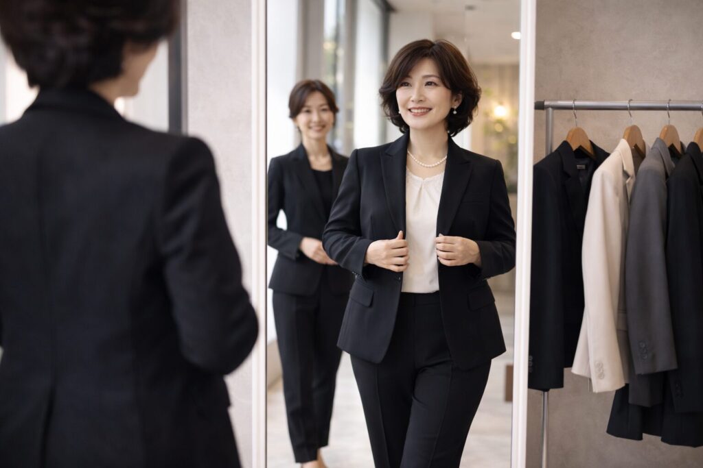 試着室で黒スーツのサイズ感を確認する50代女性の様子