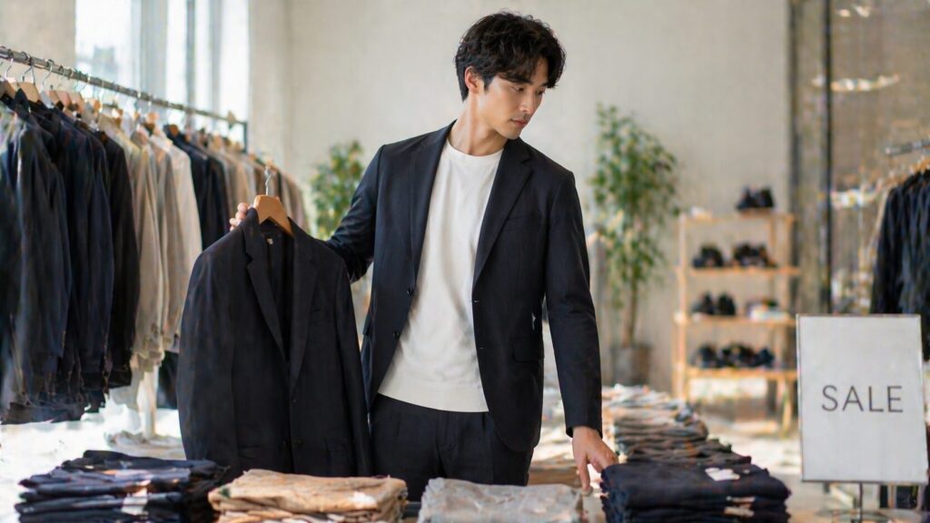 店内で価格を比較しながらジャケットを選ぶ男性モデルの様子