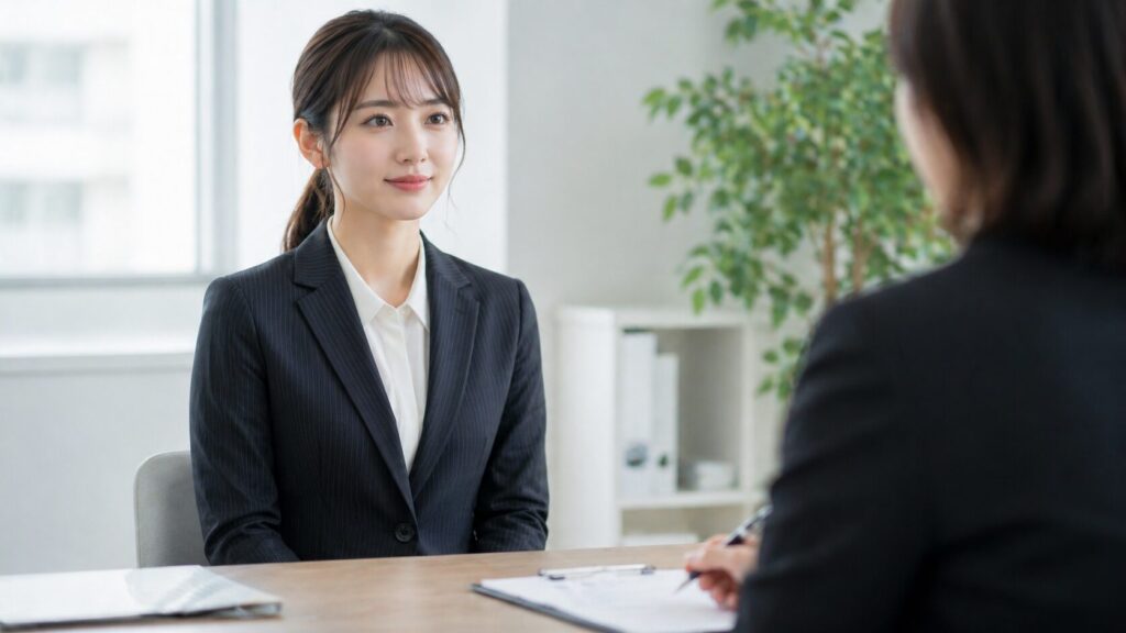 就活面接で控えめなストライプスーツを着る女性