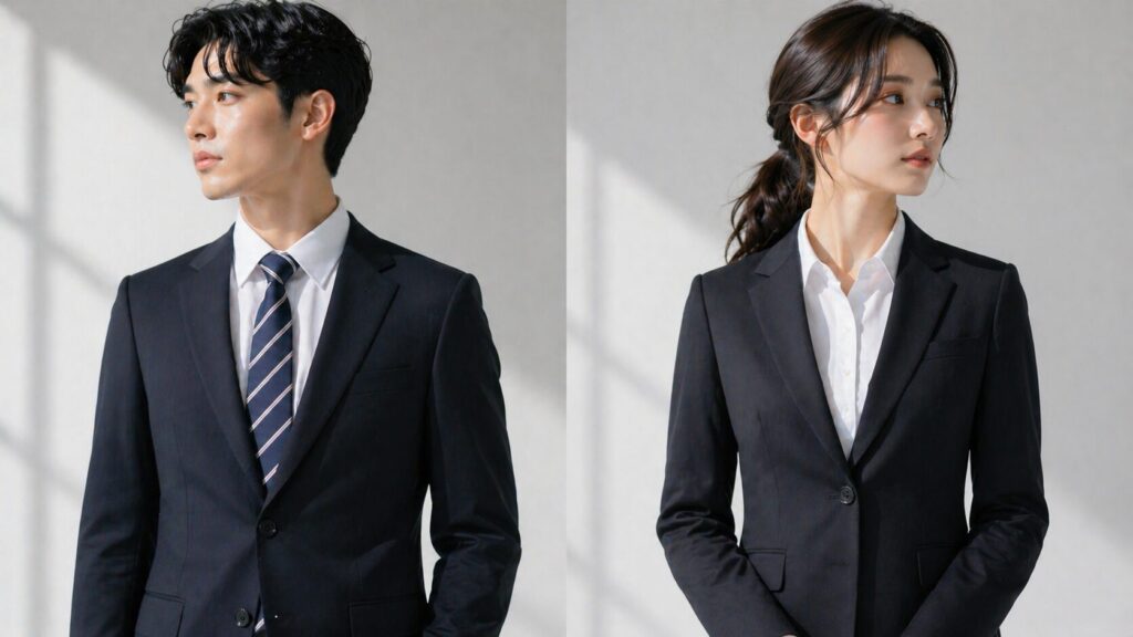 就活スーツと白シャツを着た男女モデルのマナーを示すイメージ