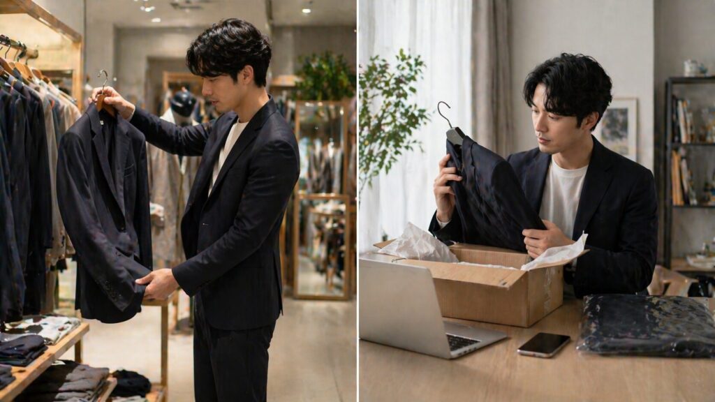 店舗での試着と自宅での通販開封を対比したイメージ