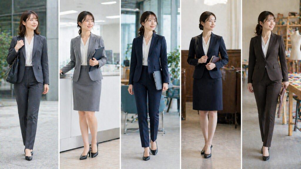 複数の業界を想定した女性スーツの着こなし比較