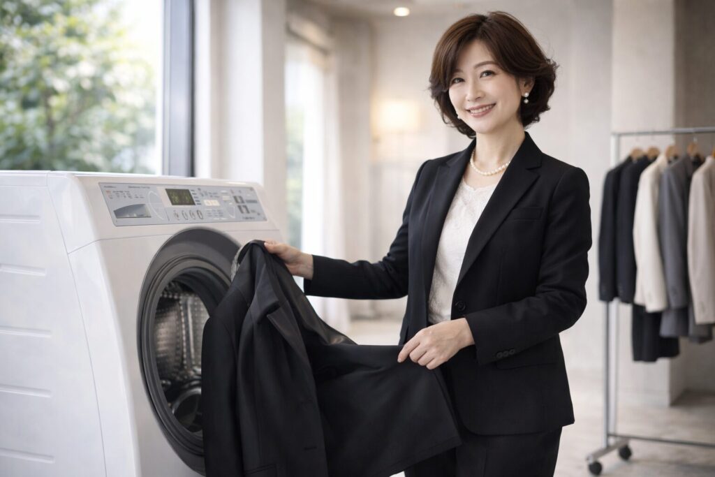 黒スーツを自宅で手入れするイメージの50代女性