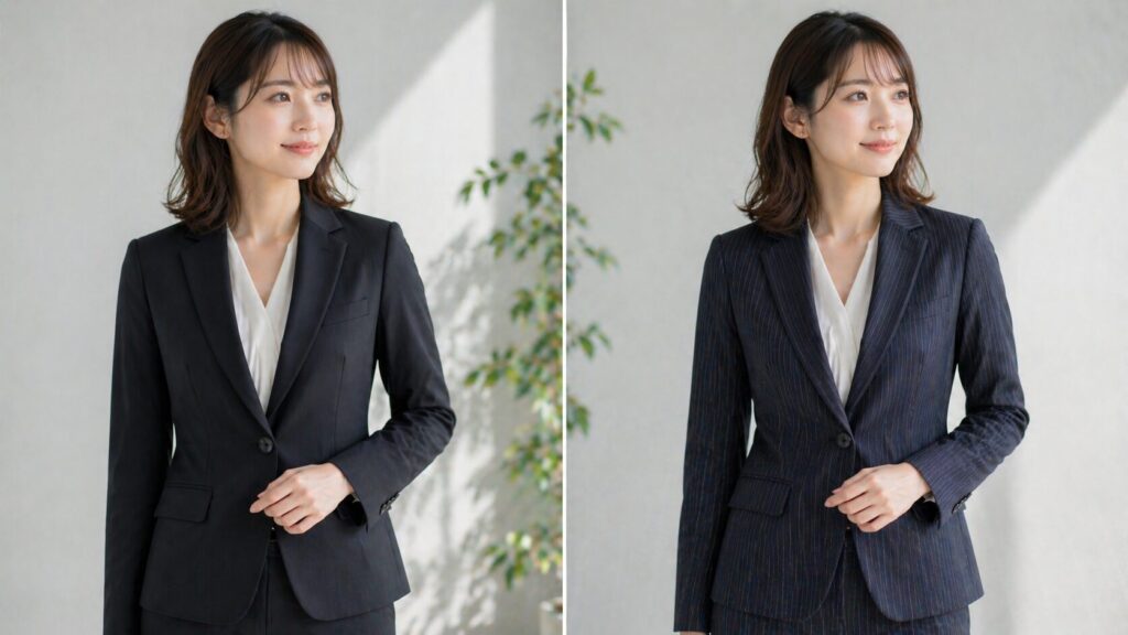 無地スーツとストライプスーツの印象を比較する女性