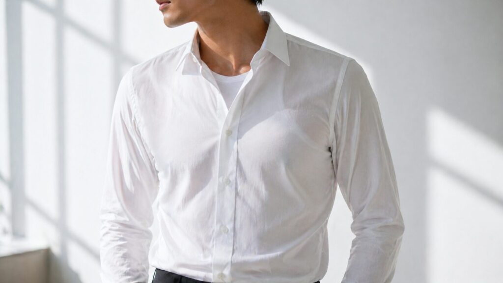 白いワイシャツの下で白インナーの輪郭が見える例