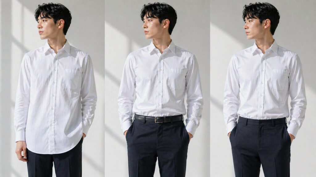 白いシャツをタックインした場合と裾を出した場合の着丈の違いを示すイメージ