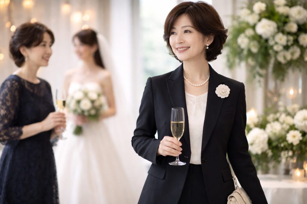 結婚式で黒スーツを華やかに着こなす50代女性の例