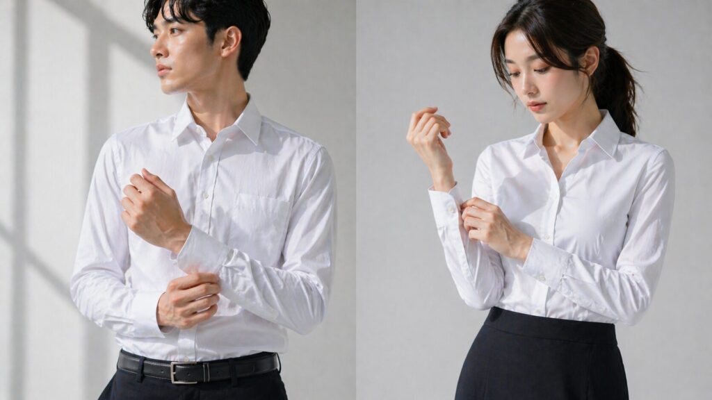白いワイシャツを着た男女モデルが袖丈とカフスの違いを見せるイメージ