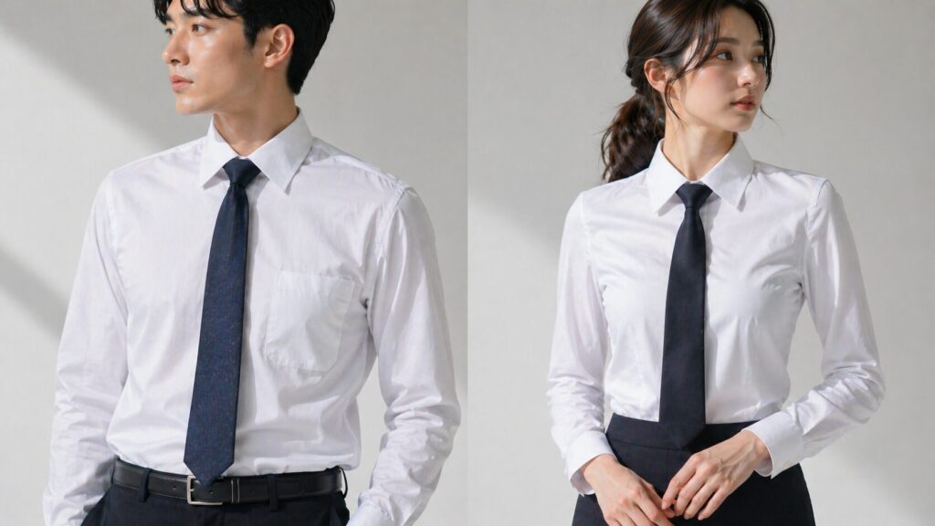 ネクタイを締めた白シャツの男女モデルが襟の形の違いを示すイメージ