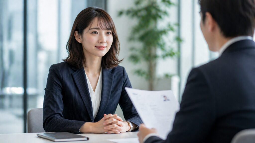 転職面接でストライプスーツを着て面接官と向き合う女性