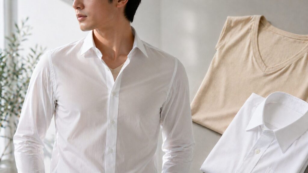ベージュインナーが白シャツになじむ様子