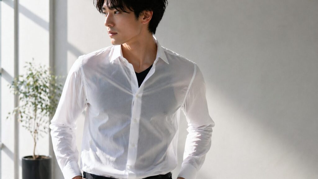 白いワイシャツの下で黒インナーが透けて見える例
