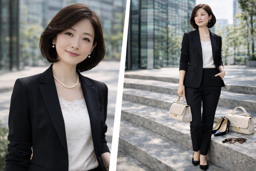 黒スーツの50代向け着こなし