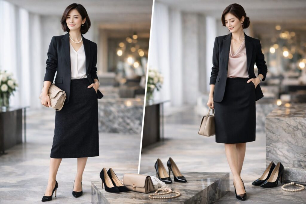 黒スーツのスカートコーデ術
