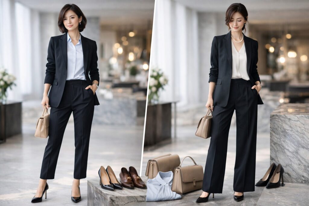 黒スーツのパンツコーデ術
