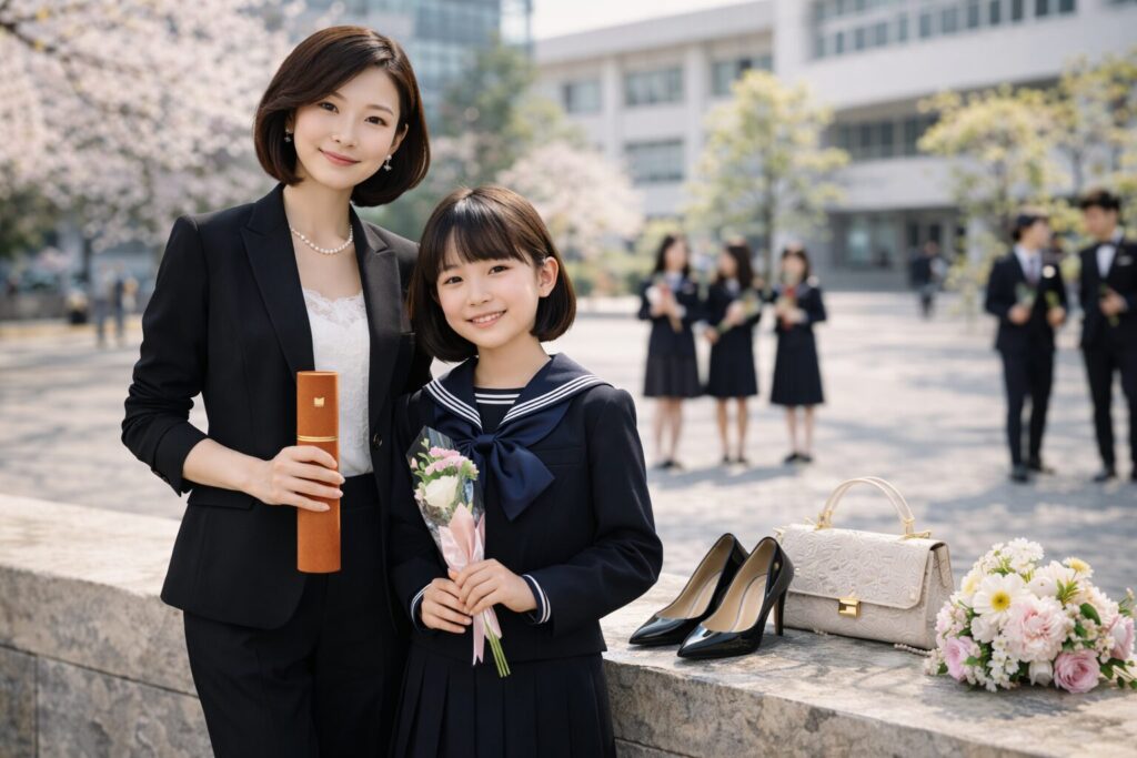 黒スーツの卒業式コーデ例