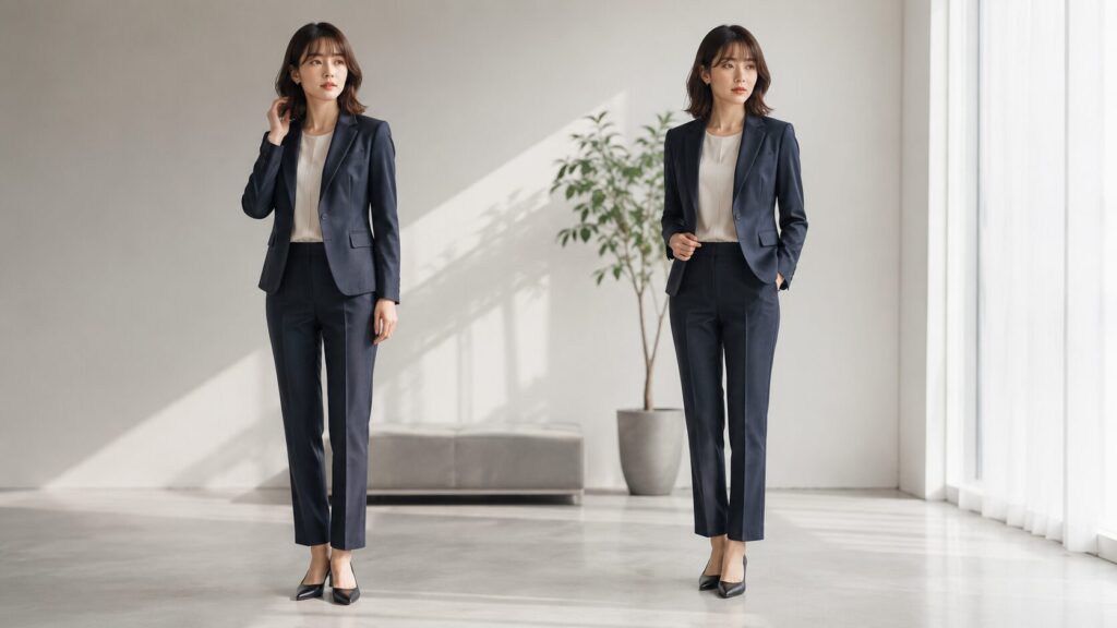 小柄向けと標準身長向けスーツを比較する女性