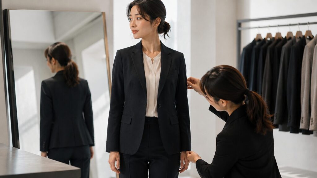 ユニクロのレディースオーダースーツを試着する女性