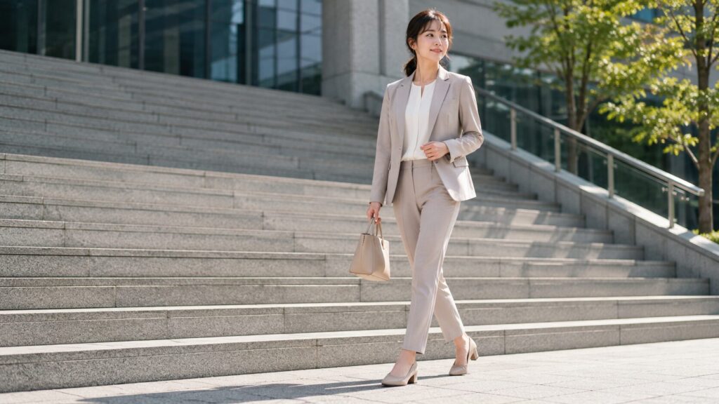 ベージュスーツに安定感のあるローヒールパンプスを合わせて階段を歩く日本人女性
