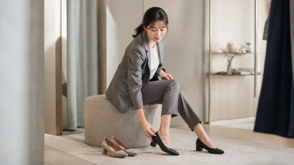 スーツ姿の日本人女性がビジネスパンプスを試着して足に合う靴を選ぶ様子