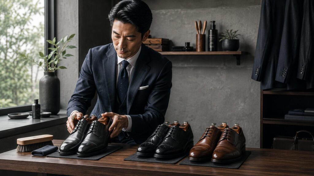 3足ローテーションで革靴を手入れする日本人ビジネスマン