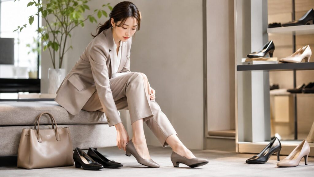 ベージュのレディーススーツ姿で歩きやすいパンプスを試着する日本人女性とビジネス靴の写真