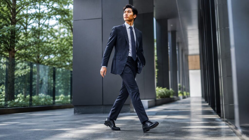 歩きやすい黒のビジネスシューズで通勤する日本人ビジネスマン