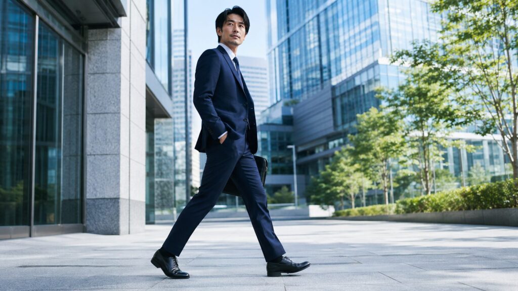 都会を歩く日本人ビジネスマンと歩きやすい黒のメンズビジネス革靴