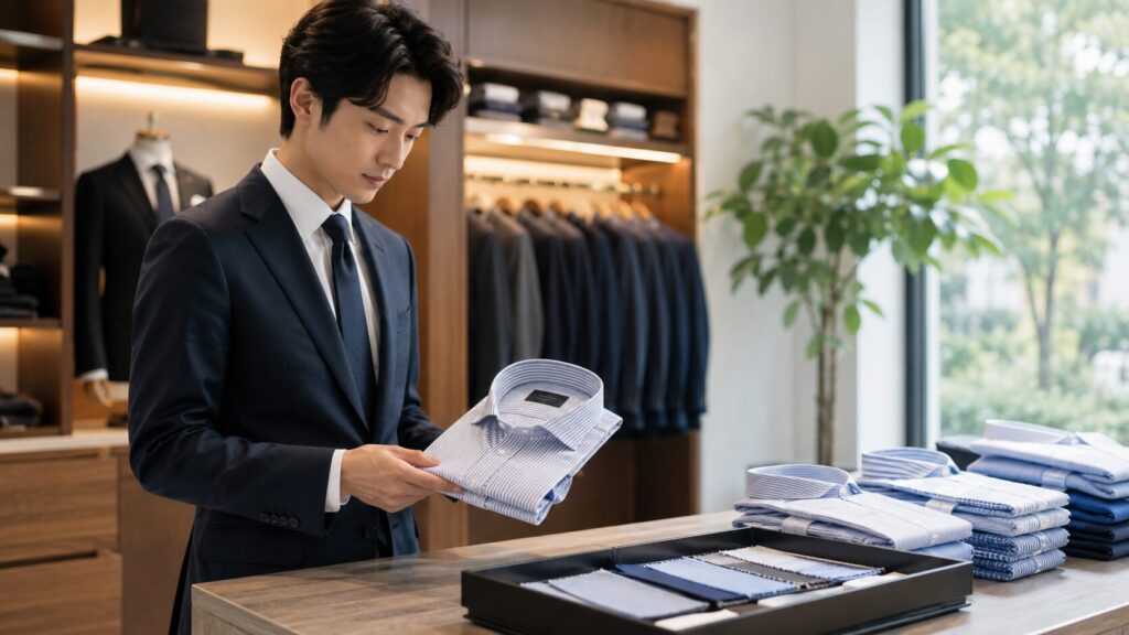 大丸ワイシャツ仕立券の使い方をイメージした紳士服売場でシャツを確認する日本人男性