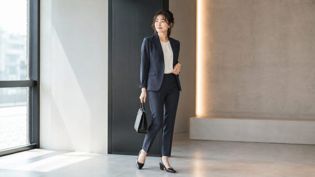 ネイビースーツに黒の歩きやすいパンプスを合わせた日本人女性のビジネススタイル