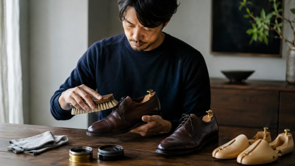 革靴を長持ちさせるためにブラシで手入れする日本人男性