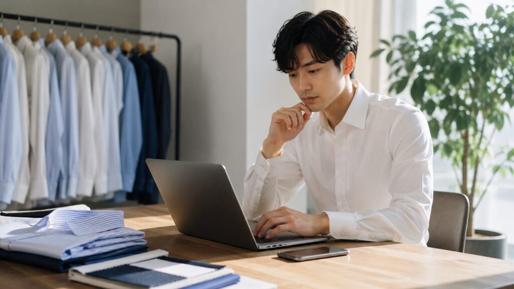 古いワイシャツ仕立券の期限や発行元を確認する場面を表現した上質なテーラー小物の写真