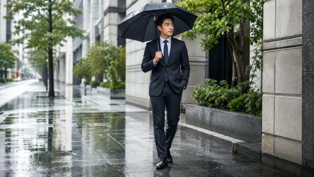 雨の日の通勤で防水性のある黒いビジネス革靴を履く日本人男性
