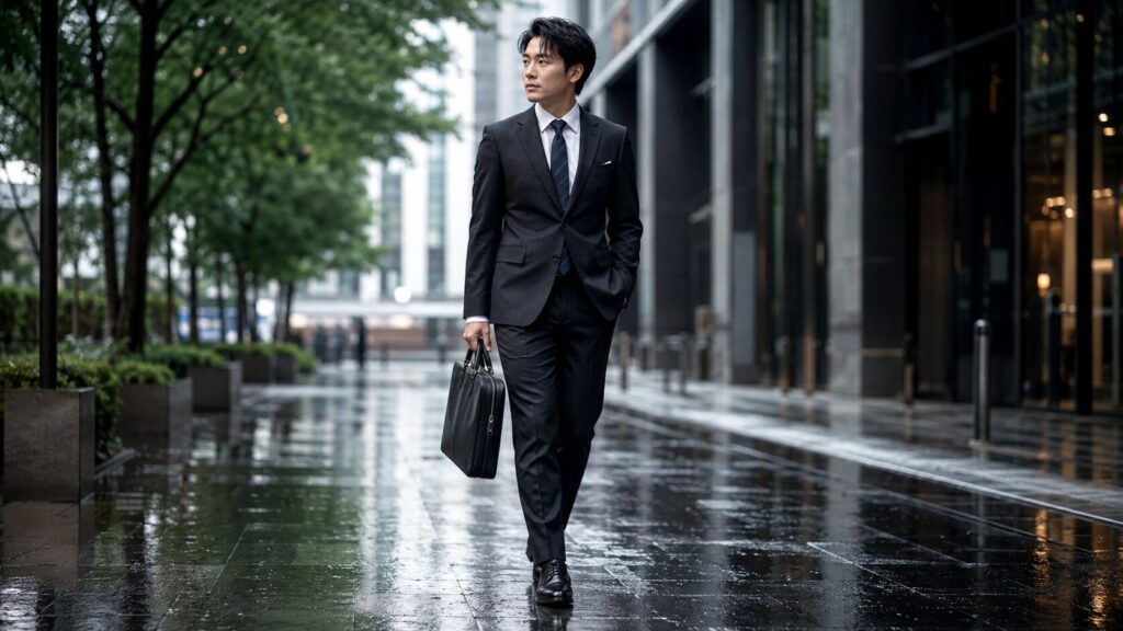 雨の日の通勤で黒のビジネスシューズを履く日本人ビジネスパーソン