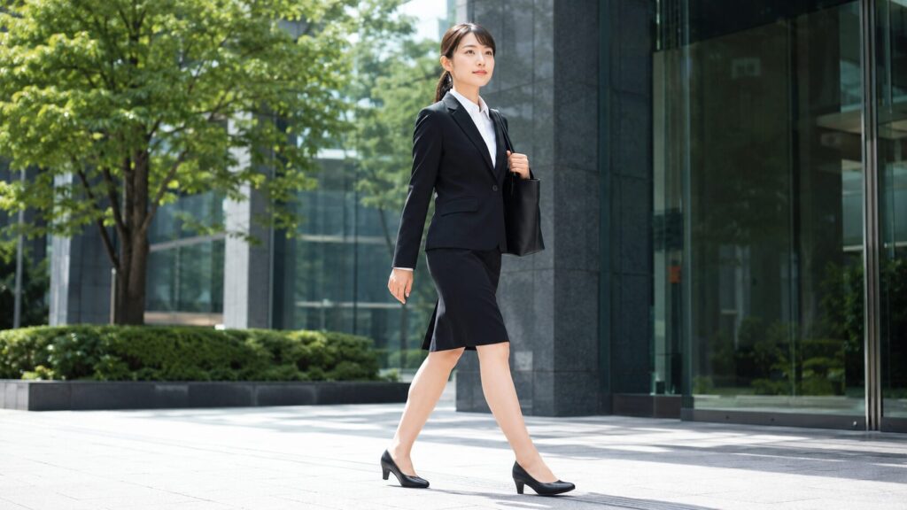 黒のレディーススーツと黒パンプスでオフィス街を歩く日本人女性の就活・面接向け靴コーデ