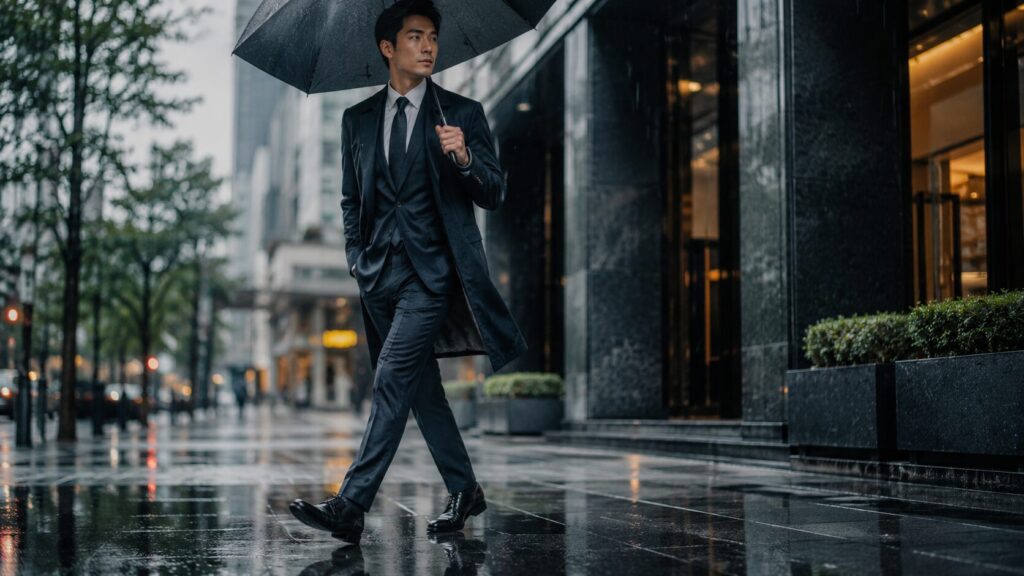 雨の日に防水ビジネスシューズで歩く日本人ビジネスマン