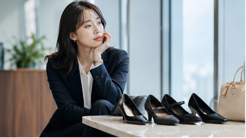女性向けビジネスシューズを比較する日本人女性と黒パンプスのイメージ
