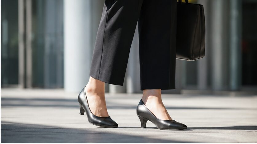 疲れにくい女性用ビジネスシューズで歩く日本人女性の足元