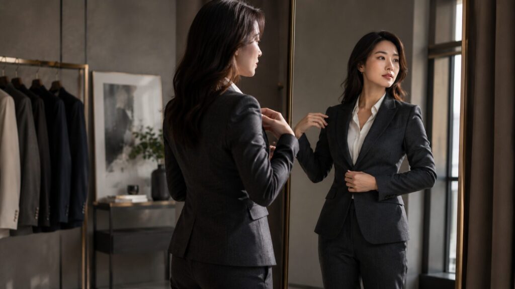 鏡の前でレディーススーツ9号ジャケットの肩幅や胸元のフィット感を確認する日本人女性