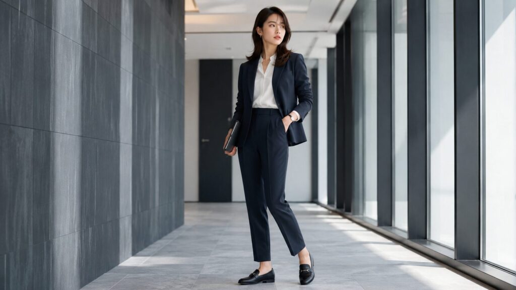 ネイビーのパンツスーツに黒ローファーを合わせた日本人女性の、歩きやすいレディース靴コーデ