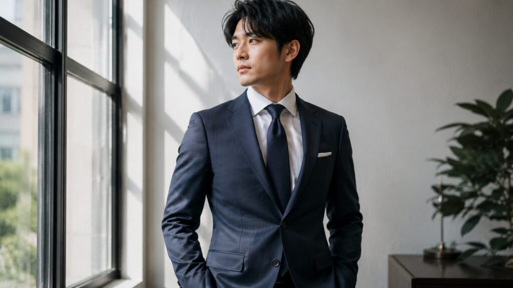 ネイビースーツを着た日本人男性の洗練された着こなしとオーダースーツの仕上がりイメージ