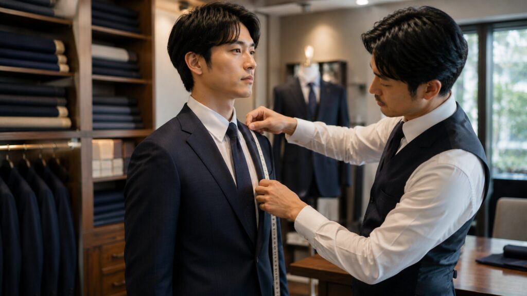 日本人男性が店舗でオーダースーツの採寸を受けるフィッティング風景
